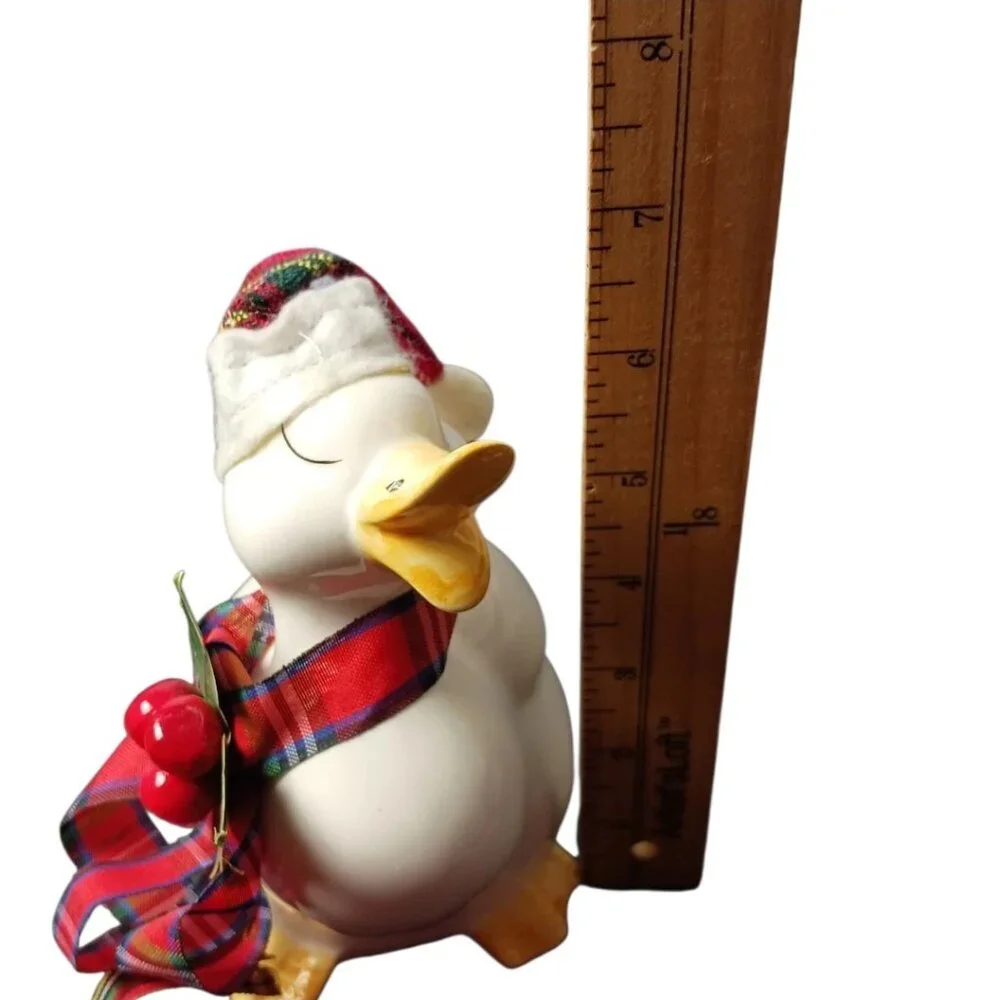 Vintage Holiday Ceramic Duck Figurine W/ Hat & Plaid Scarf White/Yellow 7
